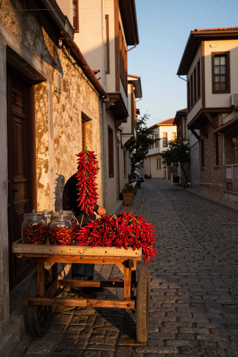 Honeyed Evening Light on Izmir Street with Glass Jar and Chili Peppers in in Izmir, Turkey