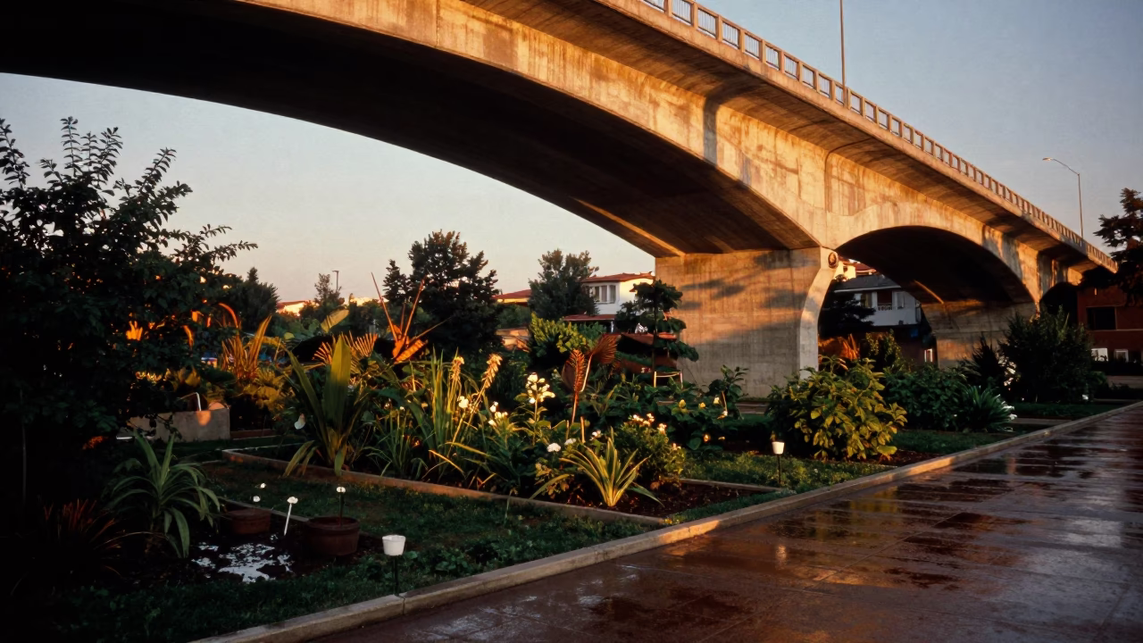 Honeyed Evening Light on Izmir Viaduct Shadowing Allotment Gardens After Rain in in Izmir, Turkey