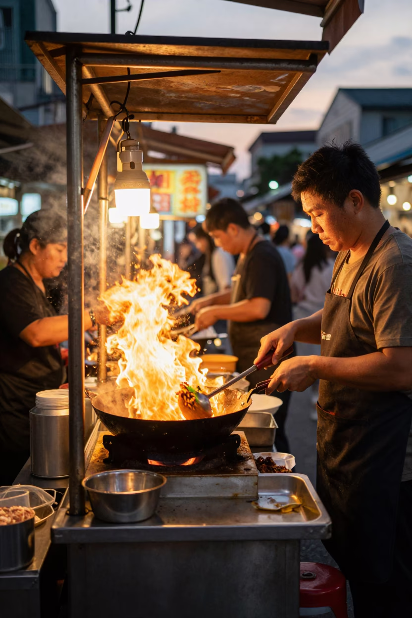 Honeyed Evening Light on Kaohsiung Street Food Stall with Wok Flames and Local Diners in in Kaohsiung, Taiwan