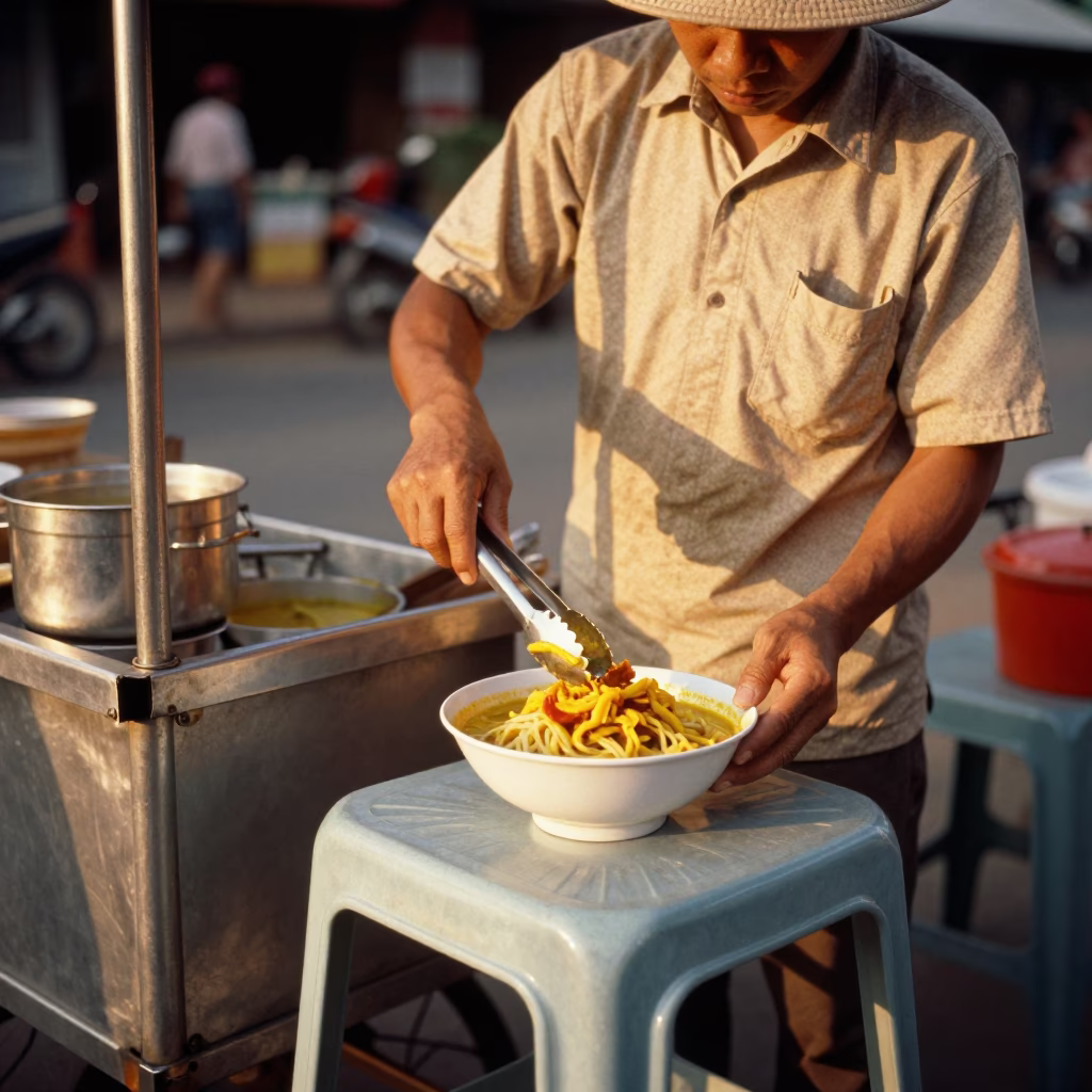 Honeyed Evening Light on Khao Soi in Chiang Mai in in Chiang Mai, Thailand