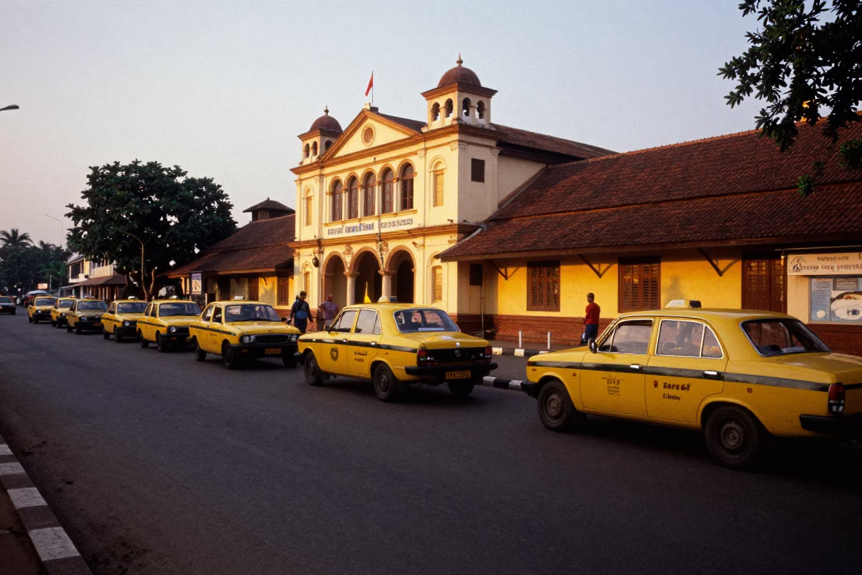 Honeyed Evening Light on Kochi Street with Taxi Rank and Train Station Gate in in Kochi, India