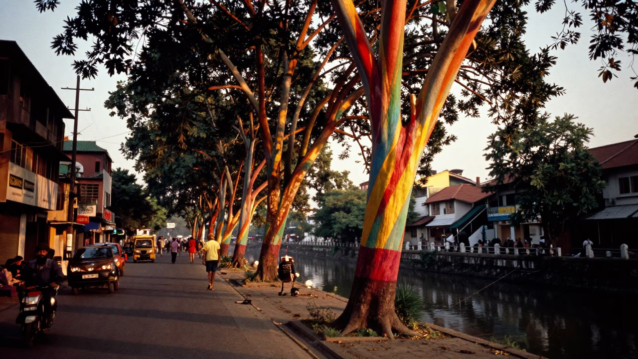 Honeyed Evening Light on Kolkata Street with Rainbow Eucalyptus and Canal Lock Gate in in Kolkata, India