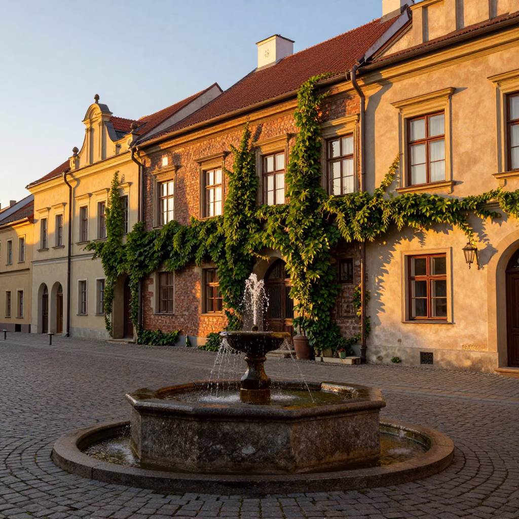 Honeyed Evening Light on Krakow Cobblestones with Ivy and Fountain in in Krakow, Poland