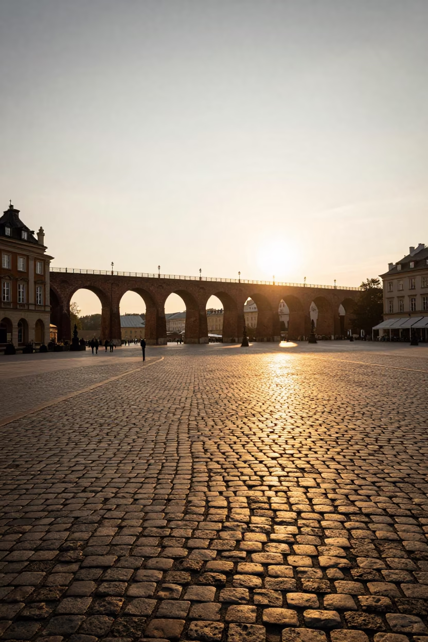 Honeyed Evening Light on Krakow Cobblestones with Railway Viaduct and Passing Train in in Krakow, Poland