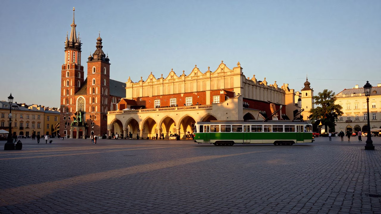 Honeyed Evening Light on Krakow Market Square Cobblestones with Vintage Tram and Tourists in in Krakow, Poland