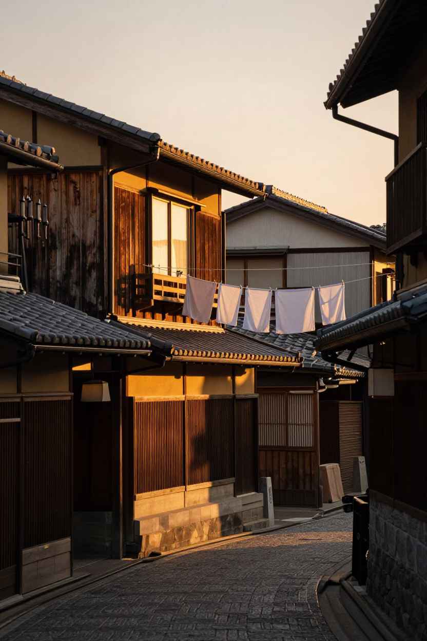 Honeyed Evening Light on Kyoto Street with Laundry and Traditional Architecture in in Kyoto, Japan