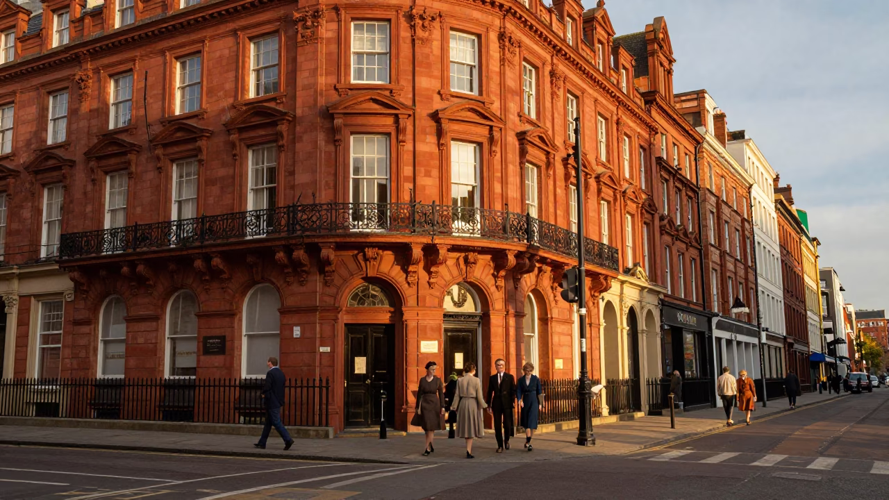 Honeyed Evening Light on Liverpool Street Corner with Vintage 1960s Architecture and Local Pedestrians in in Liverpool, United Kingdom