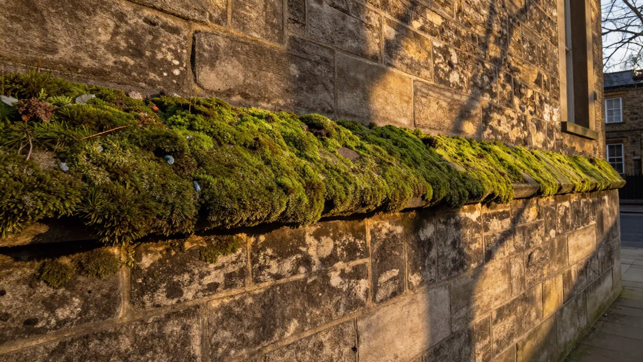 Honeyed Evening Light on London Stone Wall Moss and Tidal Channel Drawbridge in in London, United Kingdom