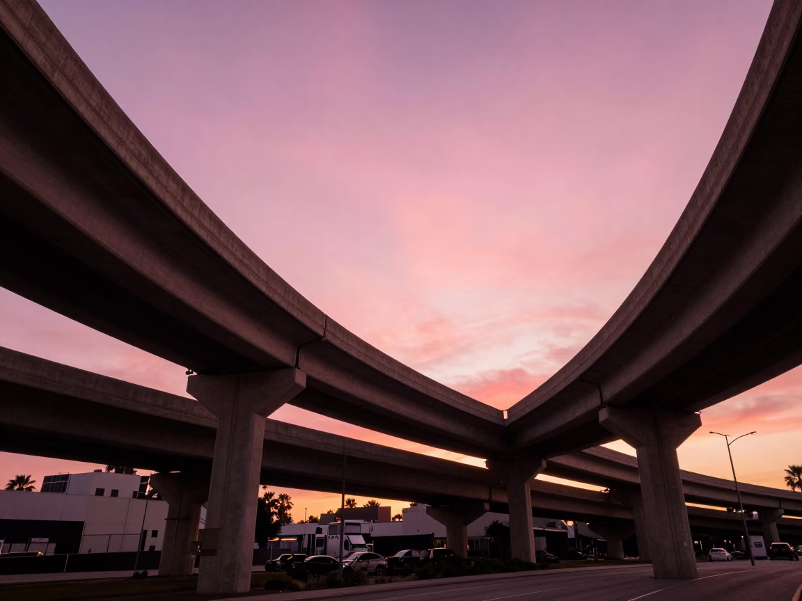 Honeyed Evening Light on Los Angeles Highway Flyover Stack and Pink Sky in in Los Angeles, California, United States