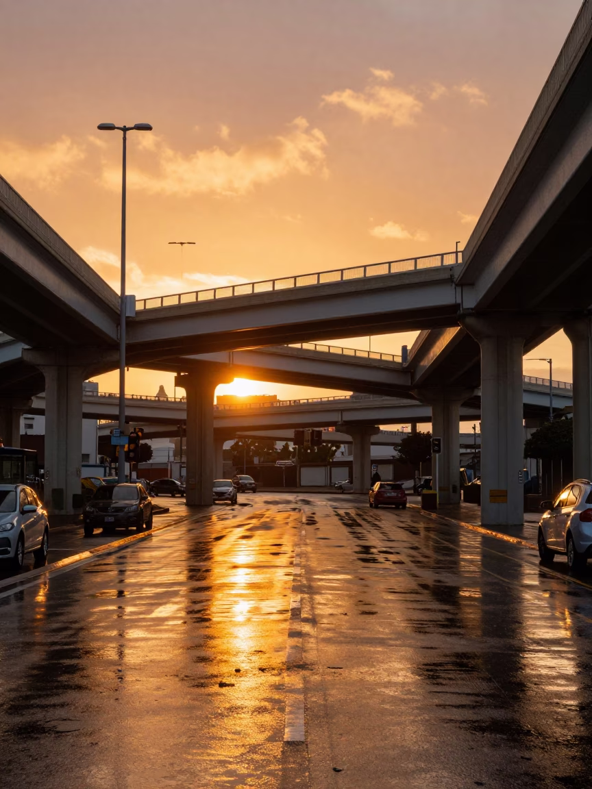 Honeyed Evening Light on Los Angeles Overpass Interchange After Rain with Glowing Taillights in in Los Angeles, California, United States