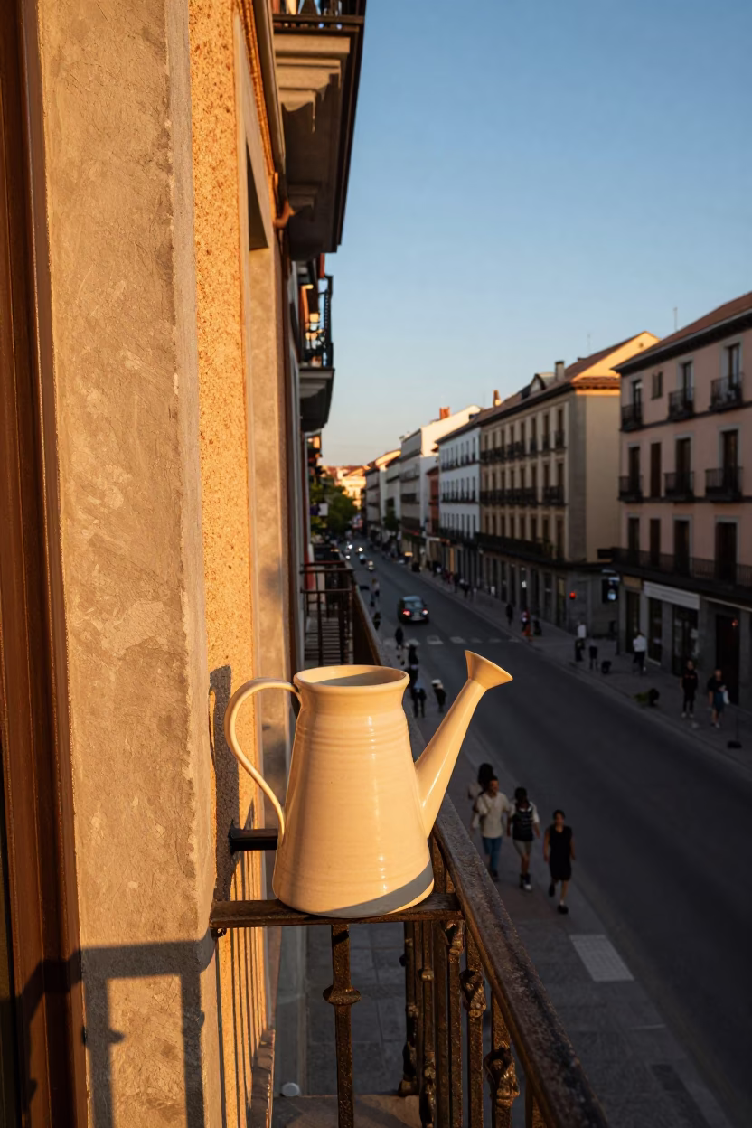 Honeyed Evening Light on Madrid Balcony with Watering Jug and City Views in in Madrid, Spain