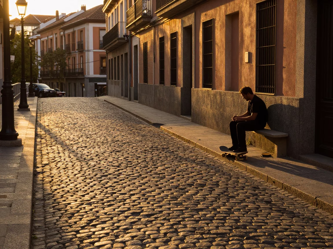 Honeyed Evening Light on Madrid Cobblestones with Skateboard and Accordion Musician in in Madrid, Spain