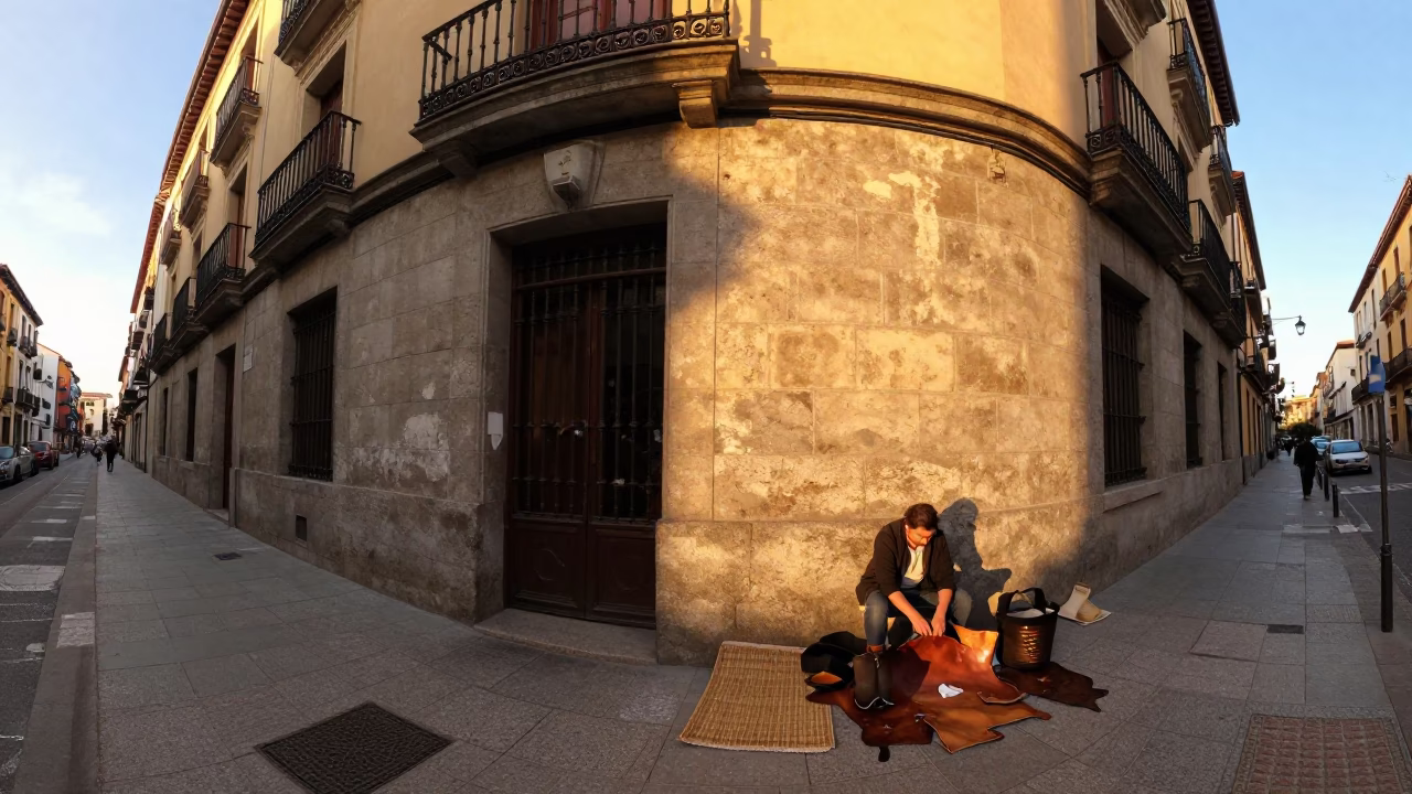 Honeyed Evening Light on Madrid Street Corner with Lived-In Details in in Madrid, Spain