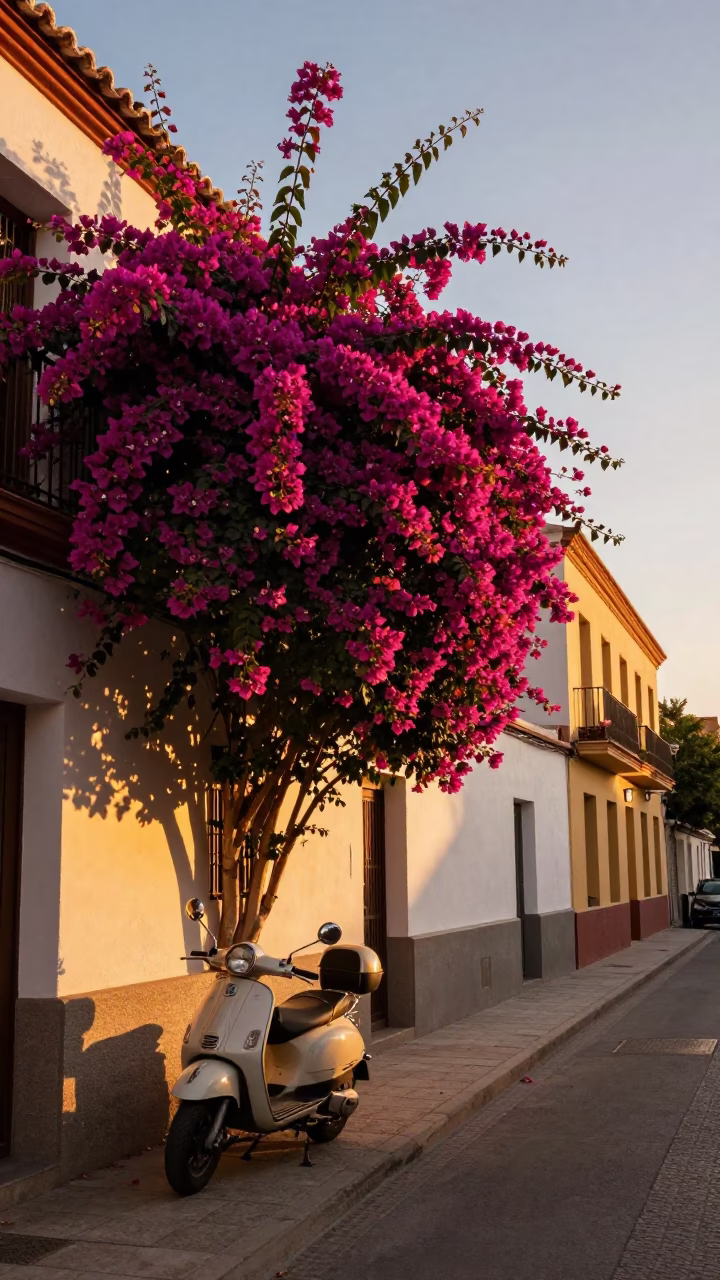 Honeyed Evening Light on Madrid Street with Bougainvillea and Vintage Details in in Madrid, Spain