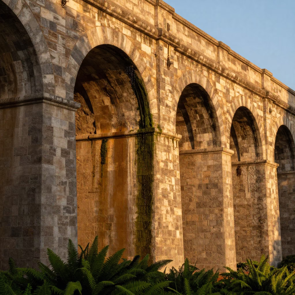 Honeyed Evening Light on Madrid Viaduct Arch Undercroft with Ferny Stone Dripping Water in in Madrid, Spain