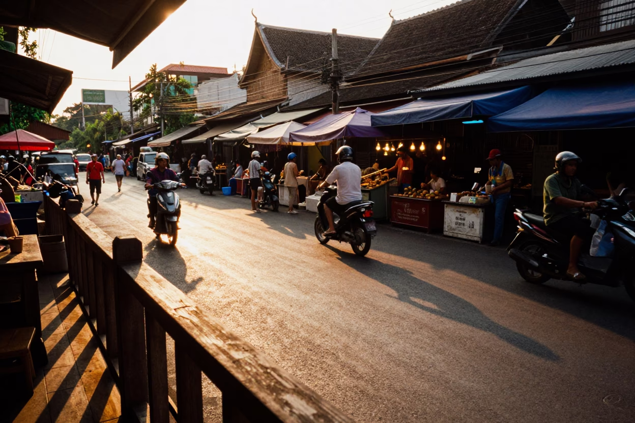 Honeyed Evening Light on Market Activity in Chiang Mai in in Chiang Mai, Thailand