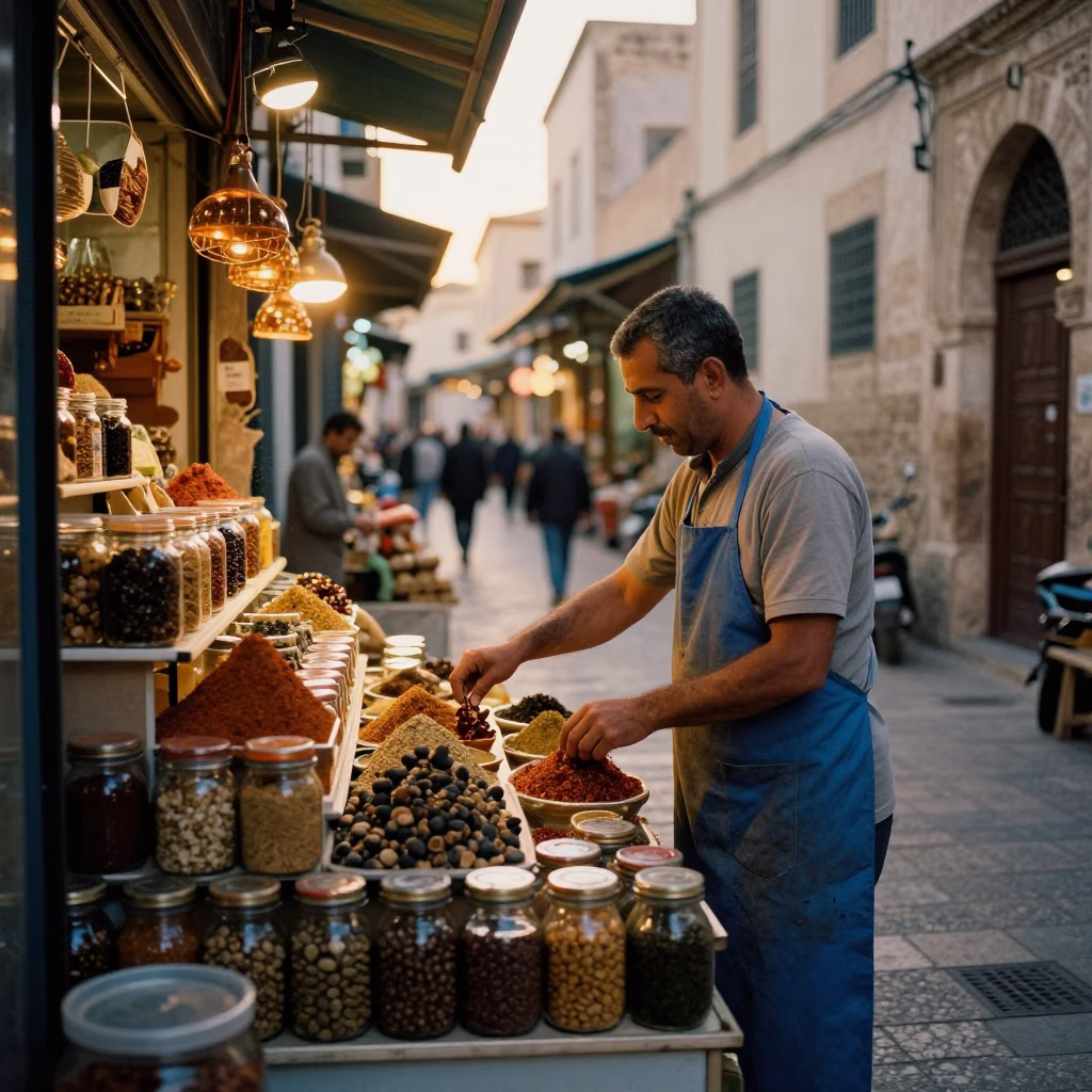 Honeyed Evening Light on Market Scene in Tunis in in Tunis, Tunisia