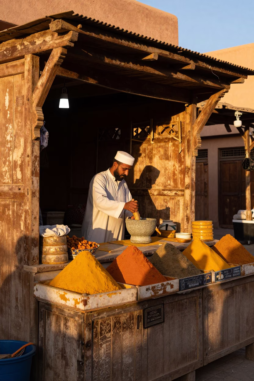 Honeyed Evening Light on Market Stall in Marrakech in in Marrakech, Morocco