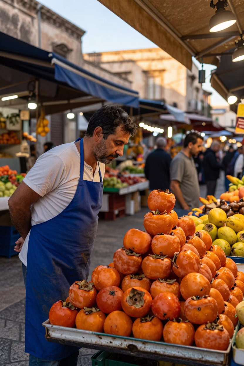 Honeyed Evening Light on Market Stall in Palermo in in Palermo, Italy