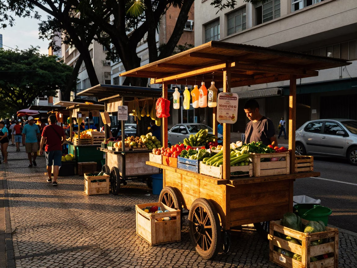 Honeyed Evening Light on Market Stall in São Paulo in in São Paulo, Brazil