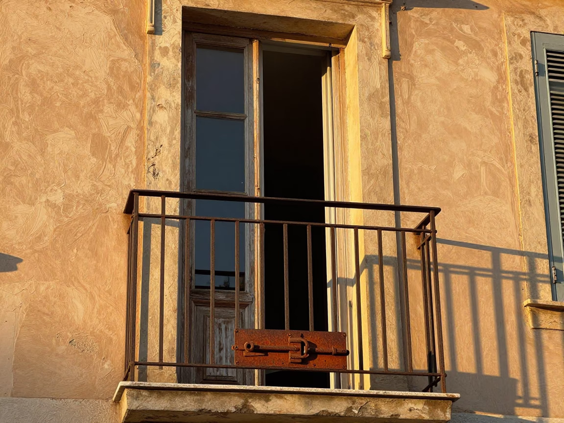 Honeyed Evening Light on Marseille Balcony with Rusty Latch and Doormat in in Marseille, France