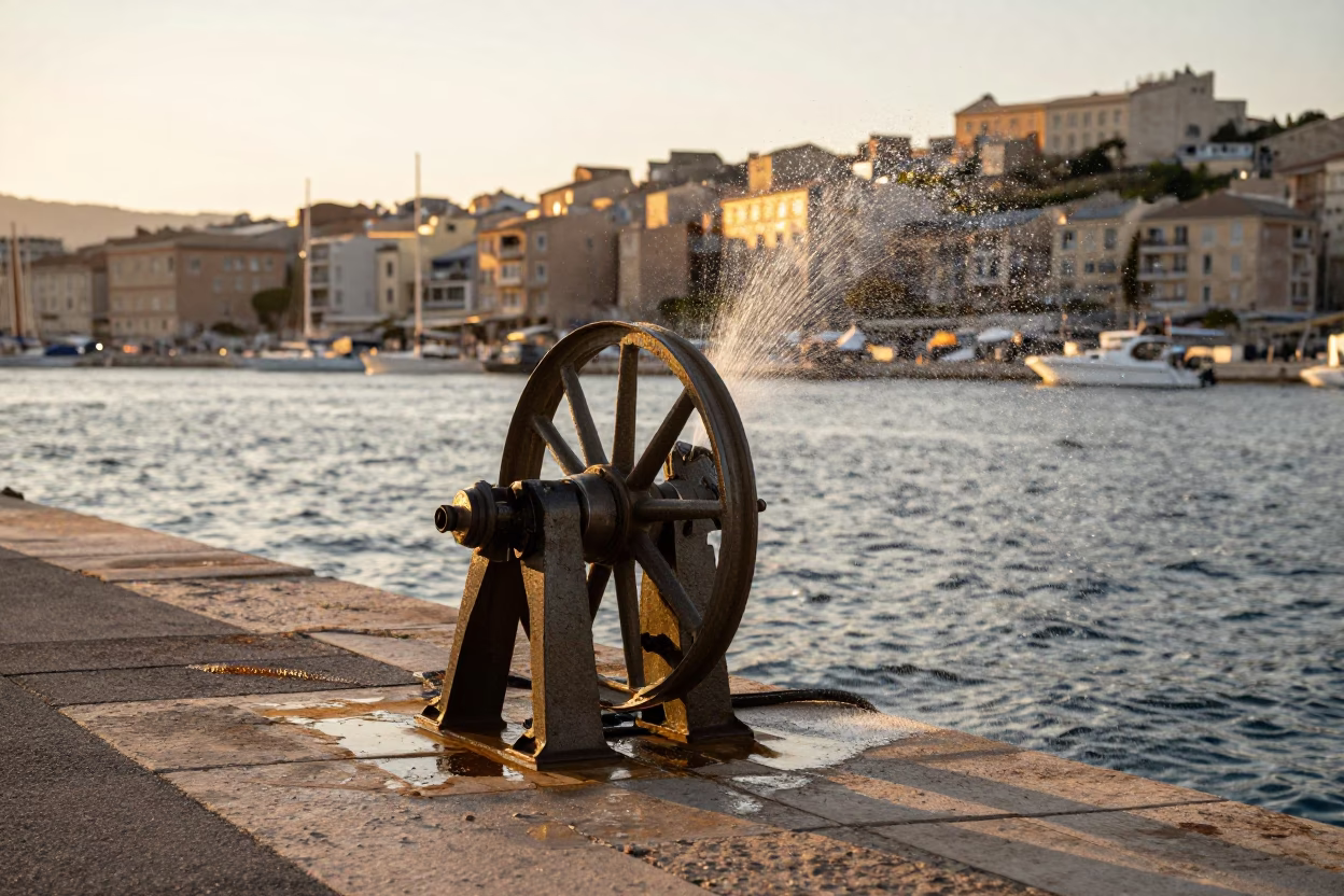 Honeyed Evening Light on Marseille Old Port with Boxwood Hedges and Hydrophone Winch in in Marseille, France