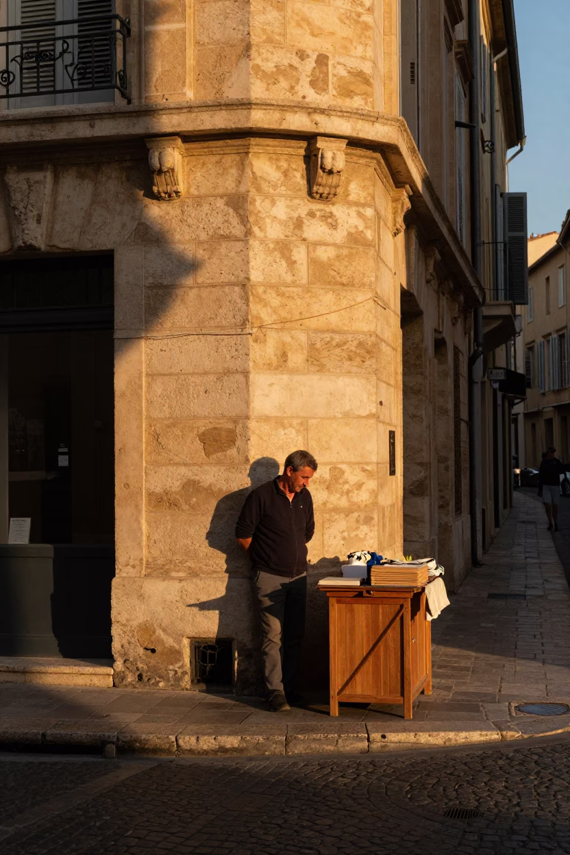 Honeyed Evening Light on Marseille Street Corner with Twine and Notebook in in Marseille, France