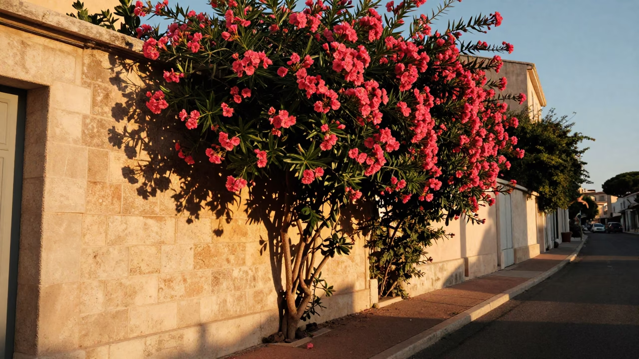 Honeyed Evening Light on Marseille Street with Oleander Hedge and Castor Wheel in in Marseille, France