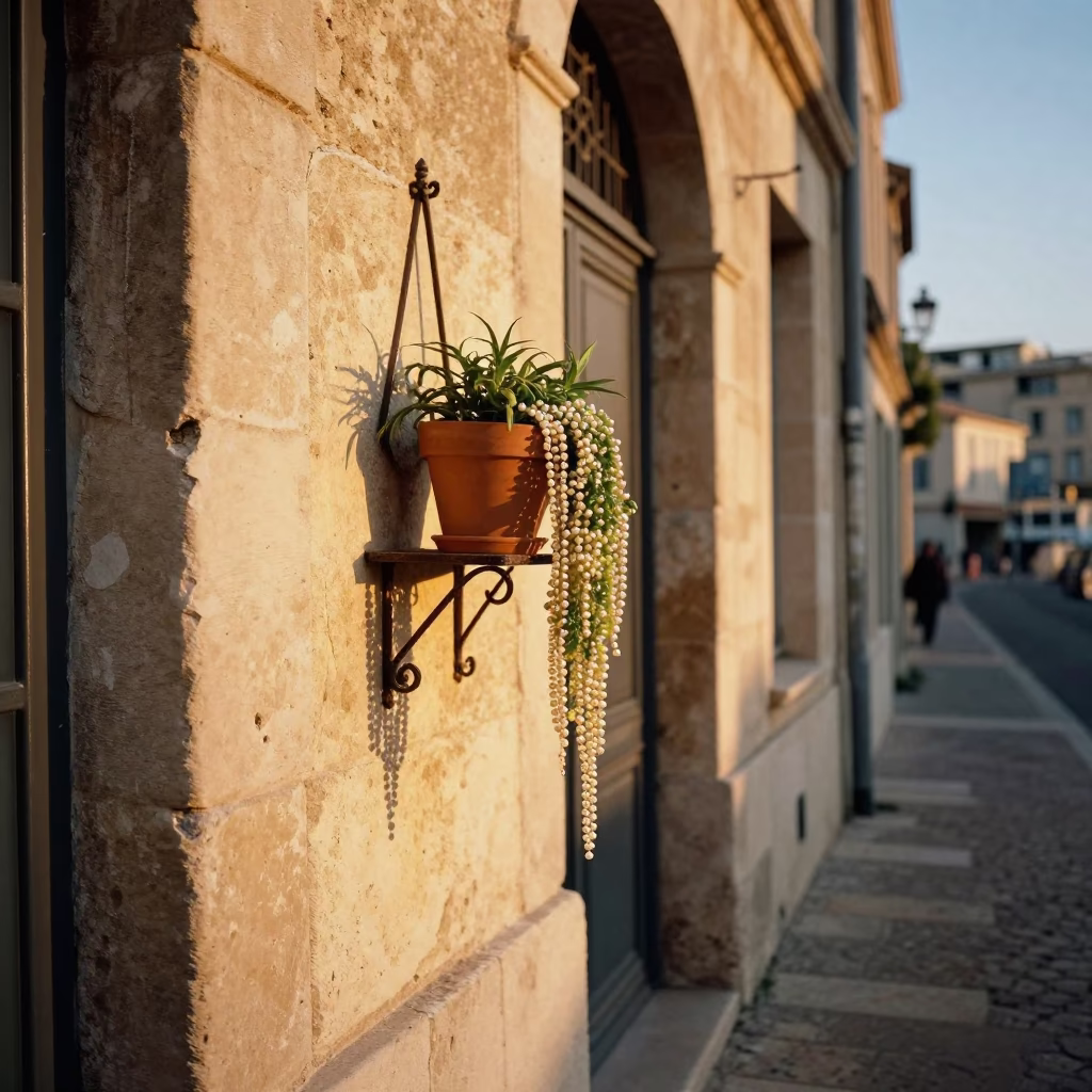 Honeyed Evening Light on Marseille Street with Pearls Plant and Steel Hook Plate in in Marseille, France