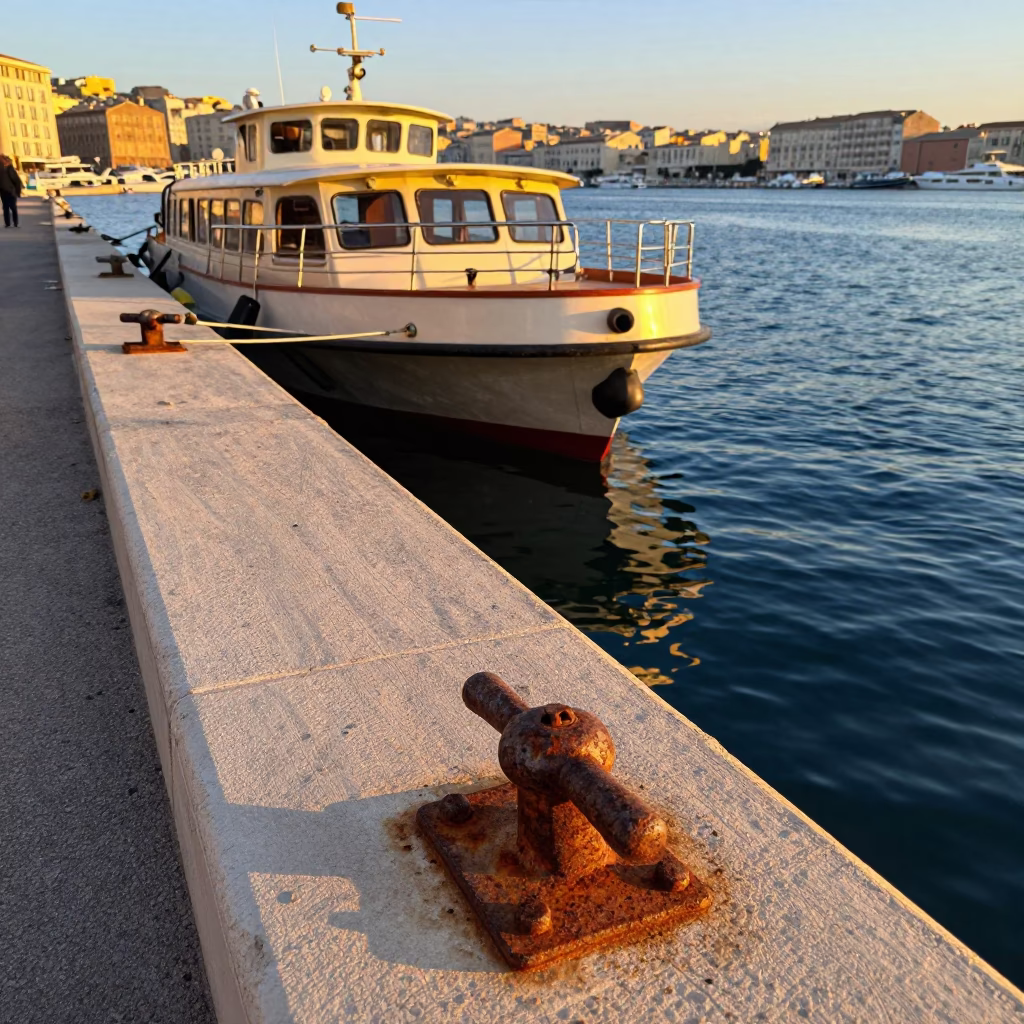 Honeyed Evening Light on Marseille Water Taxi Dock with Turnbuckle and Local Interaction in in Marseille, France