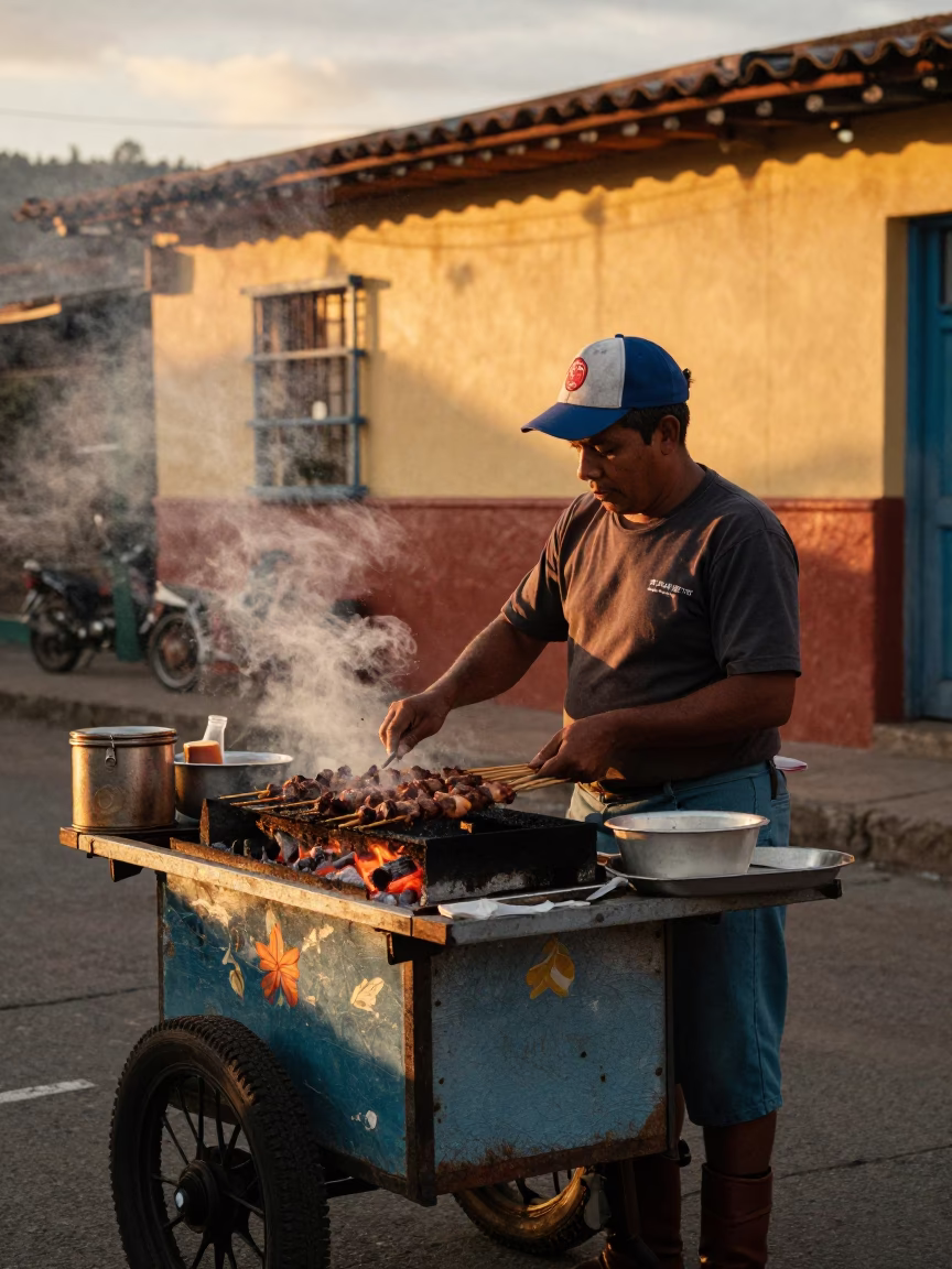 Honeyed Evening Light on Medellin Street Food Vendor Grilling Kebabs in in Medellin, Colombia
