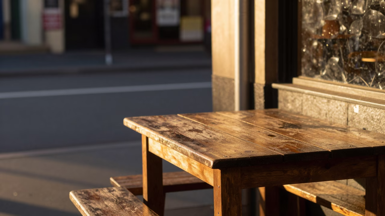 Honeyed Evening Light on Melbourne Laneway Cafe Table with Tea Tin and Fingerprinted Glass in in Melbourne, Victoria, Australia