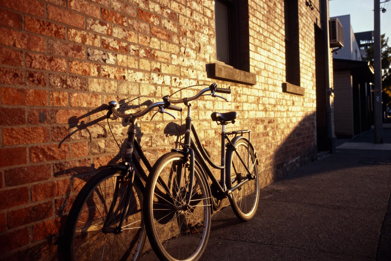 Honeyed Evening Light on Melbourne Laneway with Bicycle and Patterned Rug in in Melbourne, Victoria, Australia