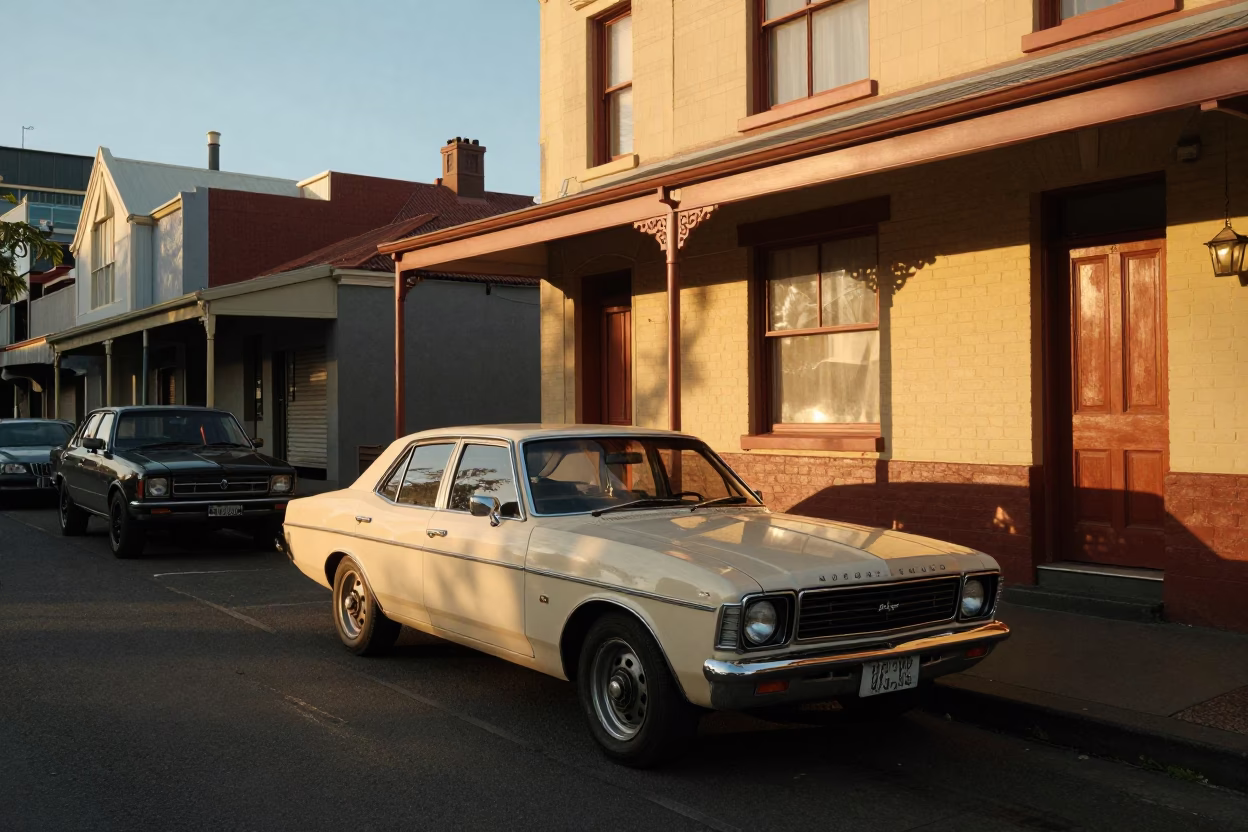 Honeyed Evening Light on Melbourne Victorian Terrace Street with Vintage Car and Pedestrians in in Melbourne, Victoria, Australia