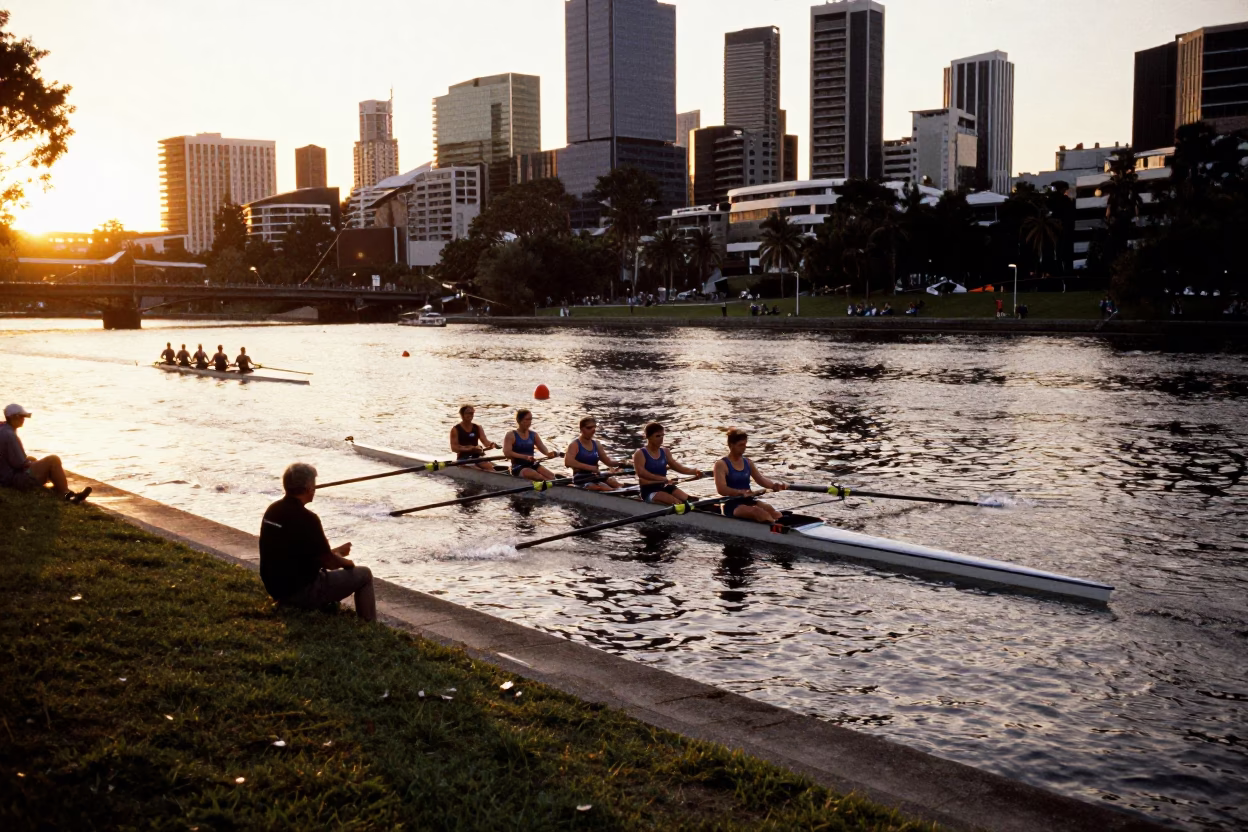 Honeyed Evening Light on Melbourne Yarra River Rowing Regatta Spectators in in Melbourne, Victoria, Australia