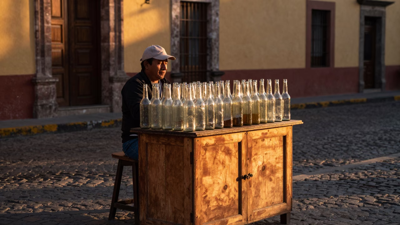 Honeyed Evening Light on Merida Street with Glass Bottles and Folding Stools in in Merida, Mexico
