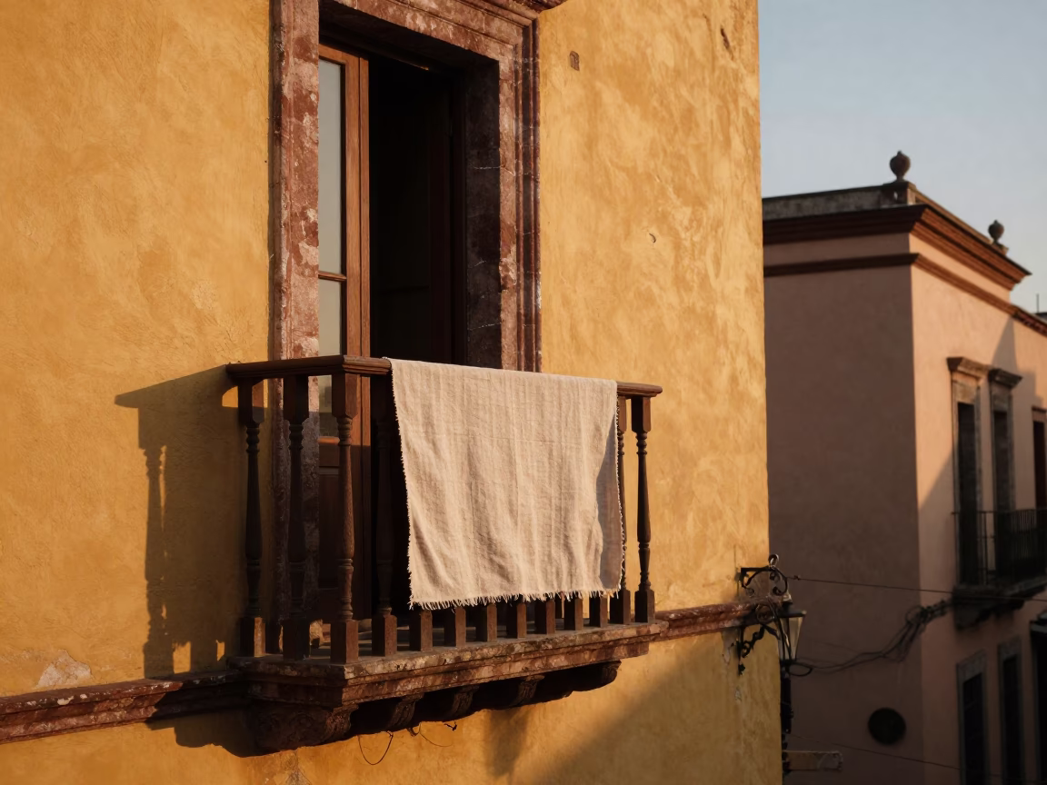 Honeyed Evening Light on Mexico City Balcony with Linen Runners and Camellia in in Mexico City, Mexico