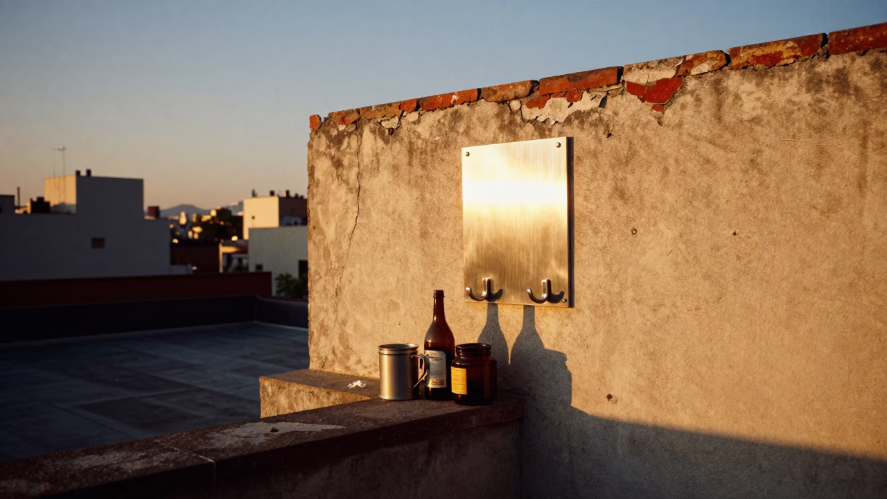 Honeyed Evening Light on Mexico City Rooftop with Brushed Steel Hook and Rolling Pin in in Mexico City, Mexico
