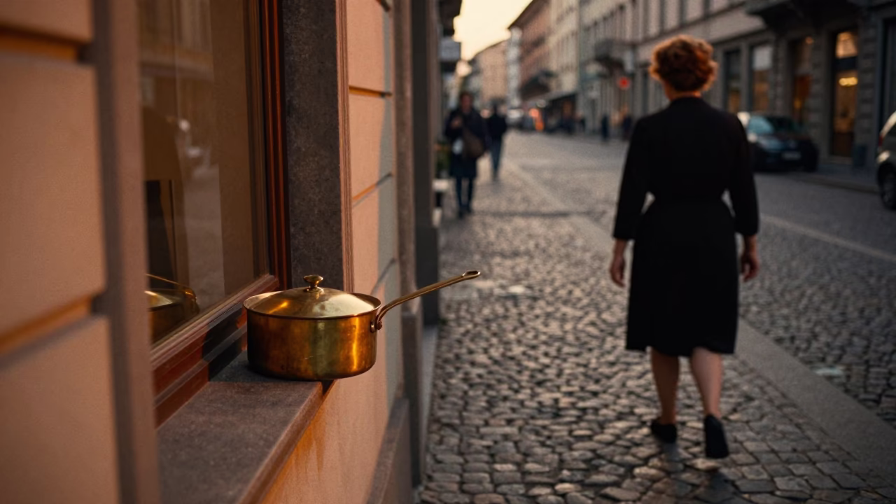 Honeyed Evening Light on Milan Cobblestones with Vintage Saucepan and Locket in in Milan, Italy