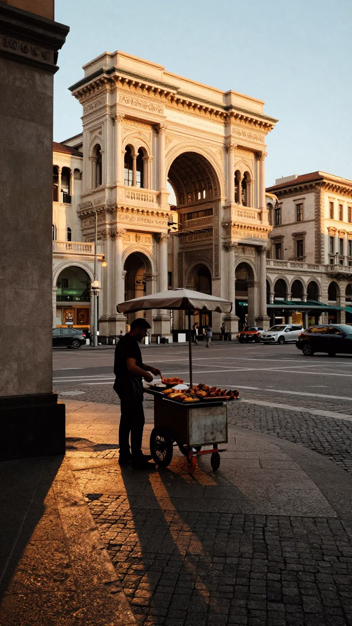 Honeyed Evening Light on Milan Street Corner with Grilled Kebab and Storage Tin in in Milan, Italy