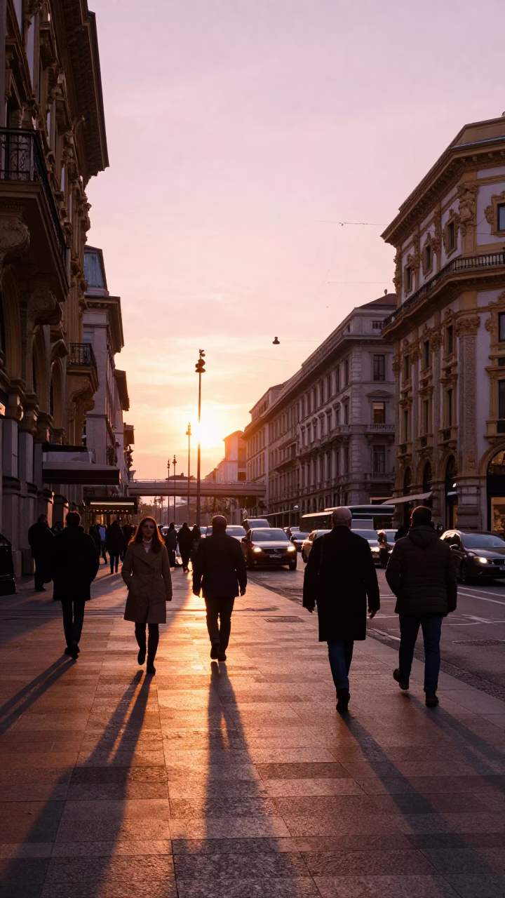 Honeyed Evening Light on Milan Street with Traffic and Urban Details in in Milan, Italy