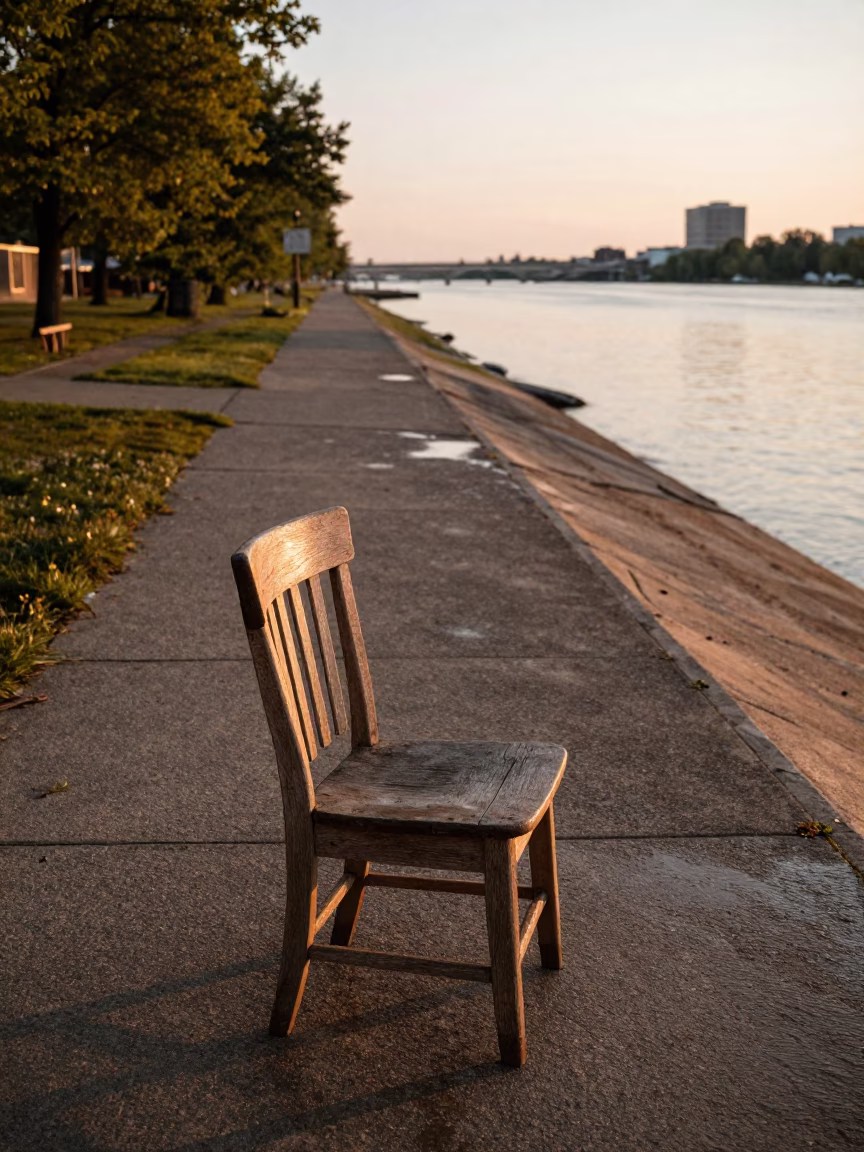 Honeyed Evening Light on Montreal Levee Path with Chair and Tomatoes After Flood in in Montreal, Quebec, Canada