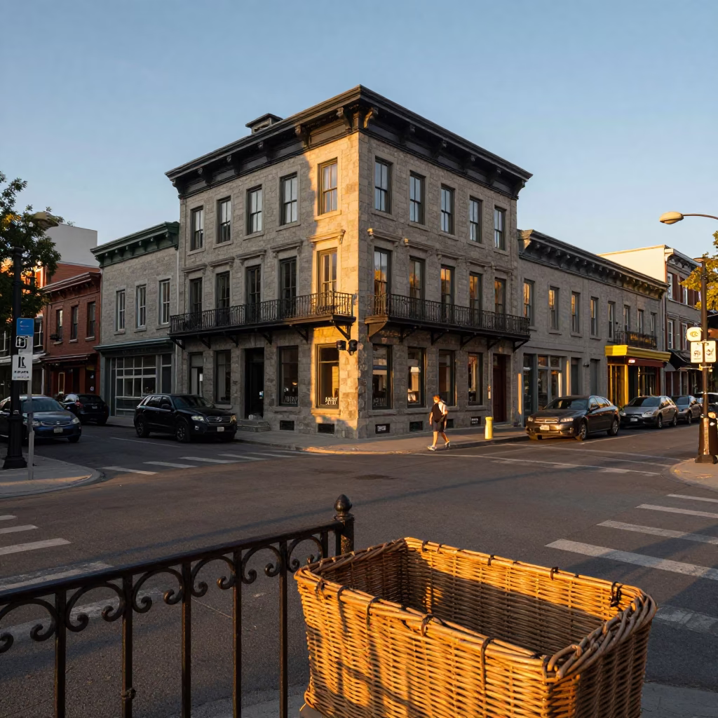 Honeyed Evening Light on Montreal Street Corner with Wicker Shadow and Morning Glory Vine in in Montreal, Quebec, Canada