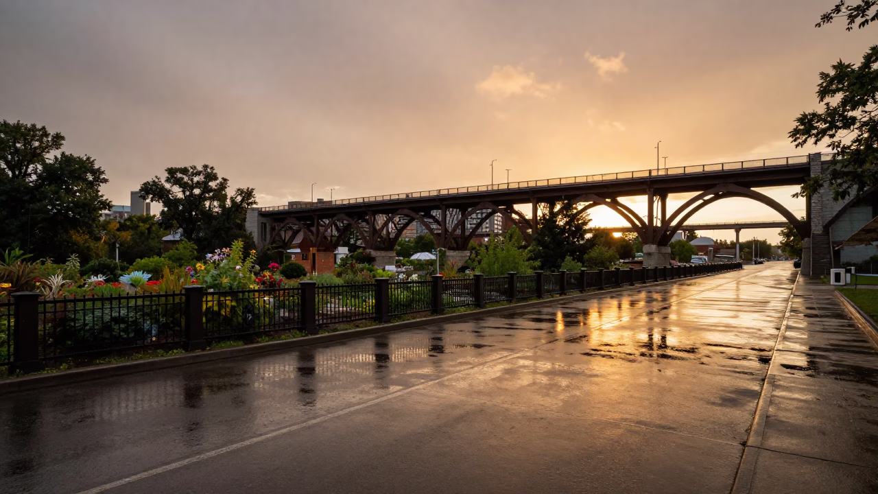 Honeyed Evening Light on Montreal Viaduct Shadows Across Rain-Washed Allotment Gardens in in Montreal, Quebec, Canada