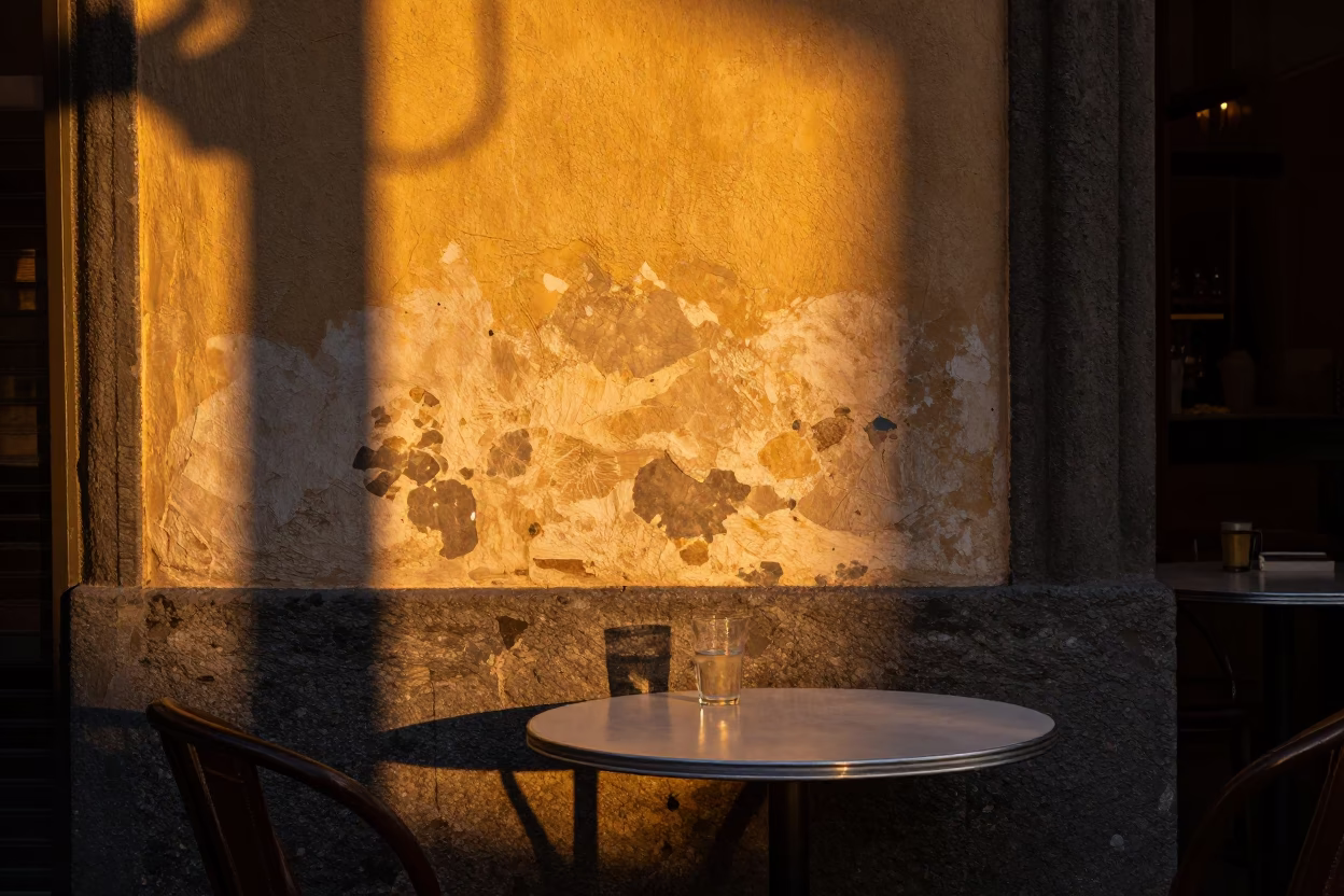 Honeyed Evening Light on Naples Street Corner with Condensation and Paint Flecks in in Naples, Italy
