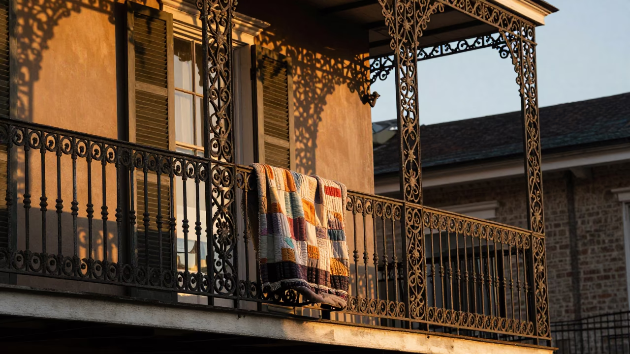 Honeyed Evening Light on New Orleans Balcony with Paperbacks and Blanket in in New Orleans, Louisiana, United States