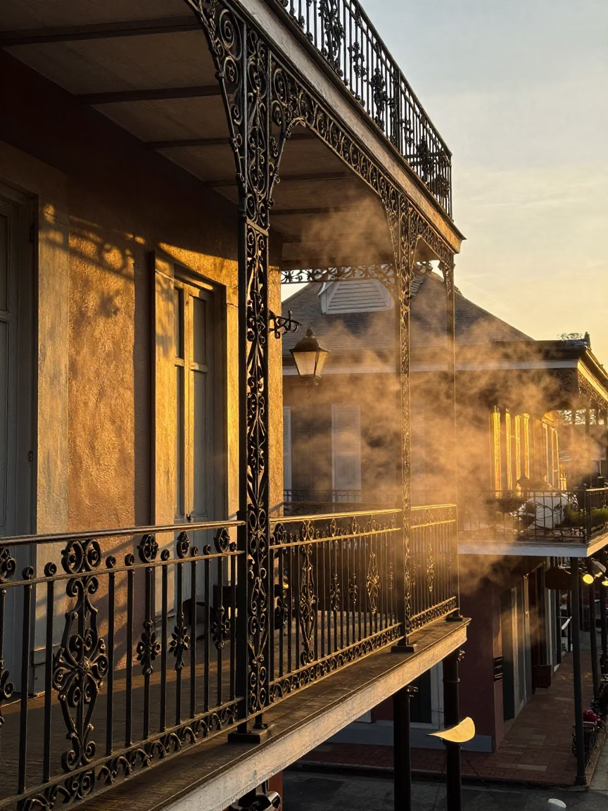 Honeyed Evening Light on New Orleans Balcony with Steam and City Views in in New Orleans, Louisiana, United States
