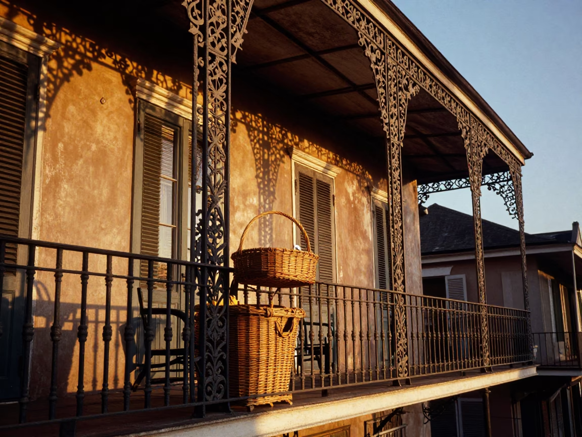 Honeyed Evening Light on New Orleans French Quarter Balcony with Wicker Shadow in in New Orleans, Louisiana, United States