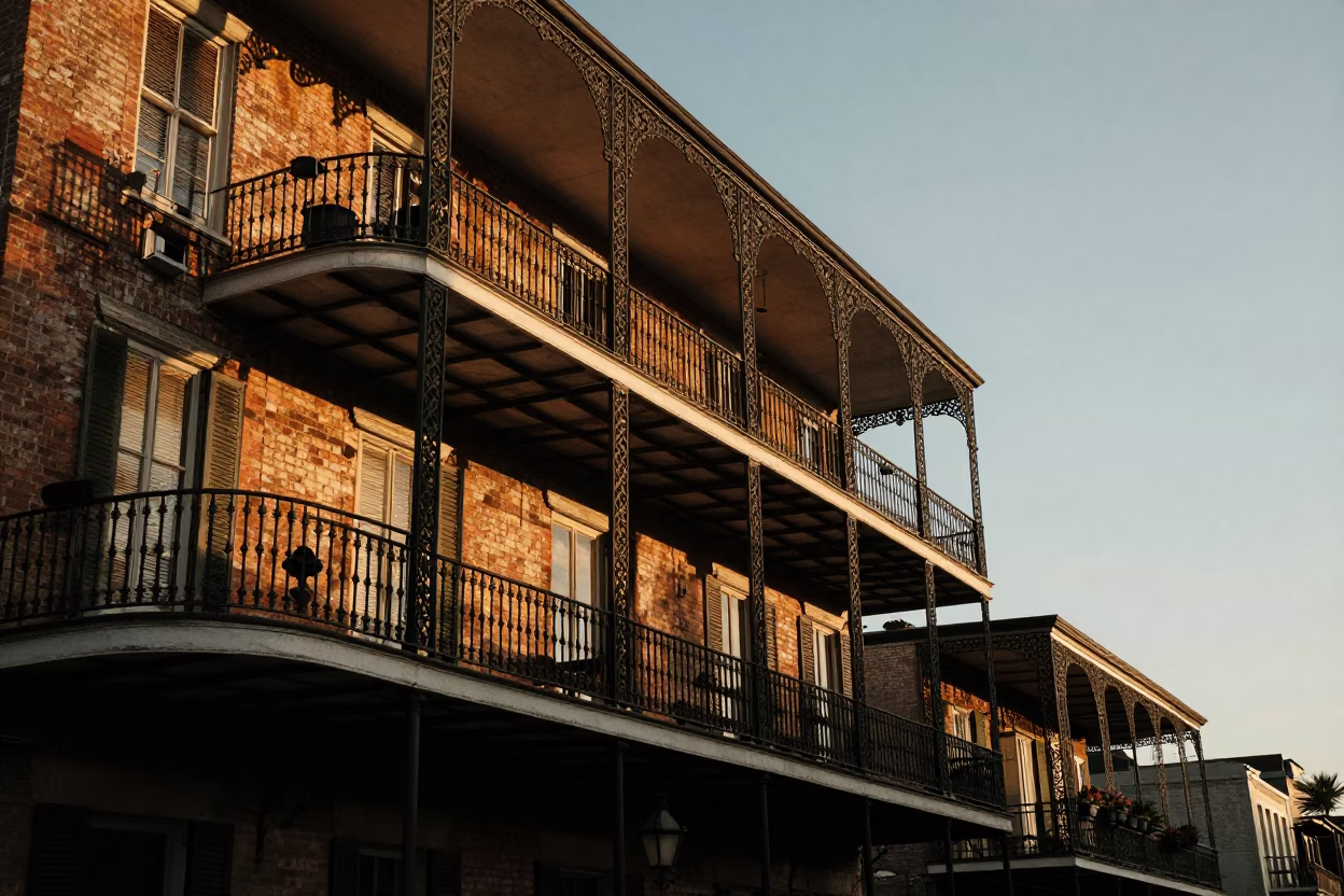 Honeyed Evening Light on New Orleans French Quarter Balcony with Zinnias and Ironwork in in New Orleans, Louisiana, United States