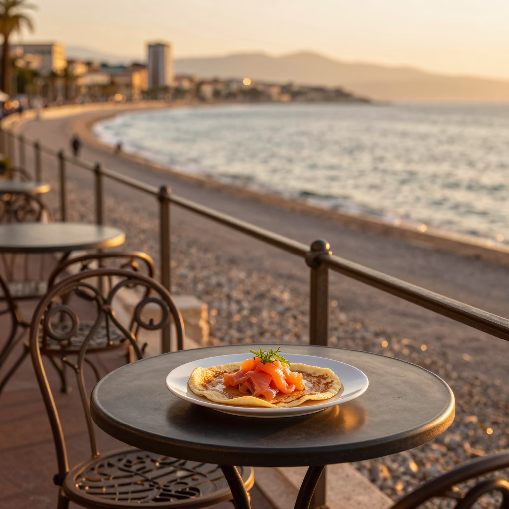 Honeyed Evening Light on Nice French Promenade with Outdoor Cafe Table and Local Interaction in in Nice, France